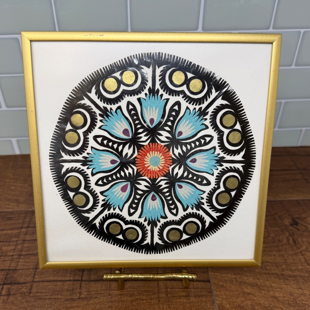 Polish Wycinanki Paper Cut Art Framed Mandala Folk Decor Gold Frame 7.5x7.5